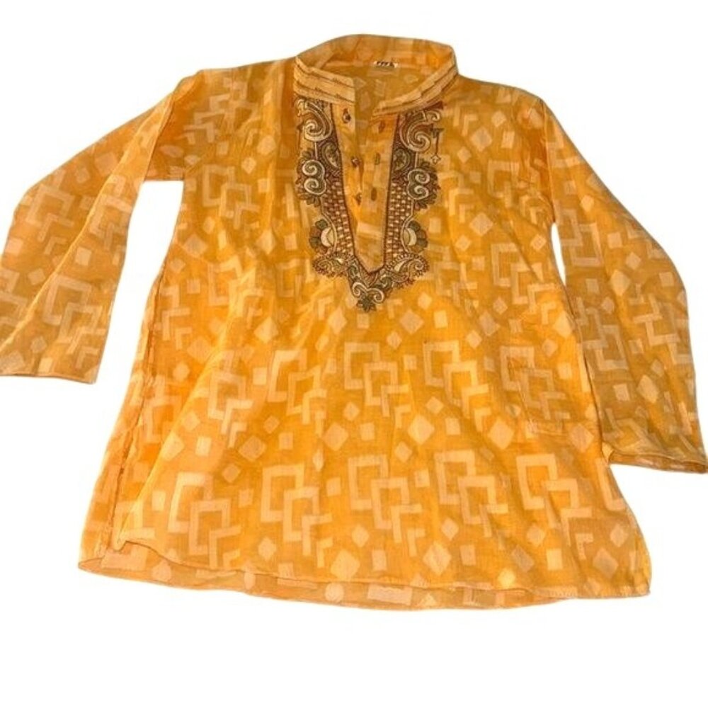 Vintage Yellow Embroidered Geometric Pattern Tunic Top With Buttoned Neckline &